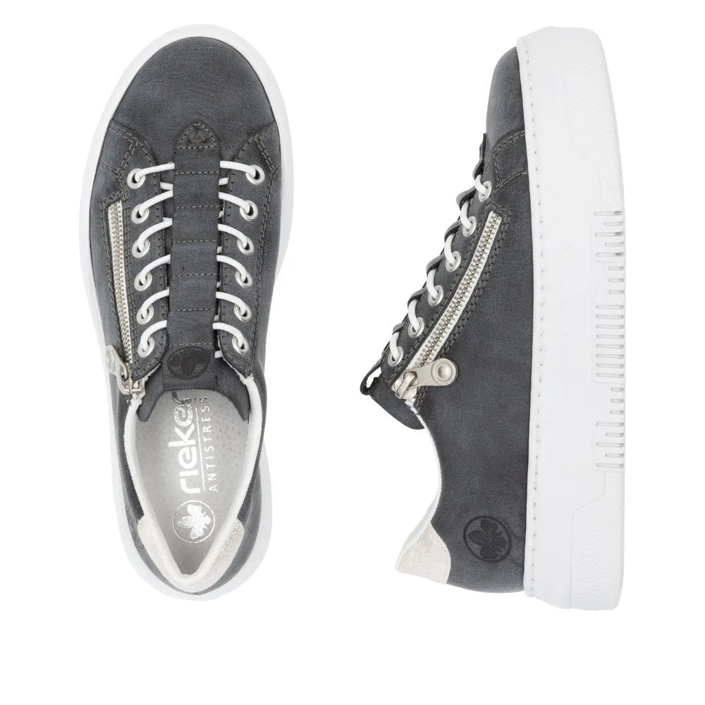 Rieker M1953-14 Ladies Navy Zip & Lace Sneakers with white sole and side zipper detail.
