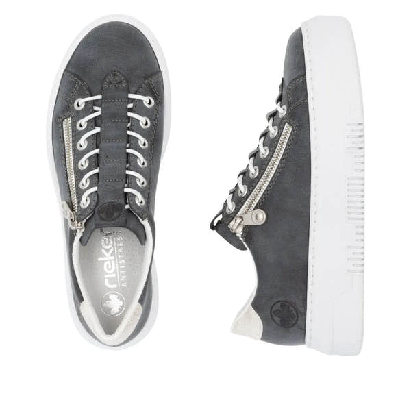 Rieker M1953-14 Ladies Navy Zip & Lace Sneakers with white sole and side zipper detail.