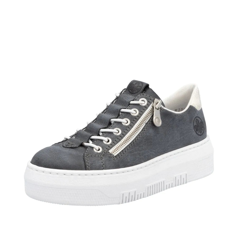 Rieker M1953-14 women's navy sneaker with lace-up, side zipper, white sole, and cushioned interior.