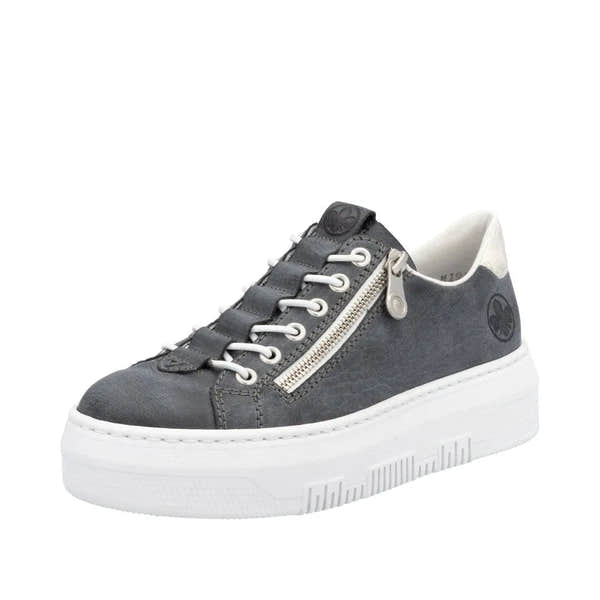 Rieker M1953-14 women's navy sneaker with lace-up, side zipper, white sole, and cushioned interior.