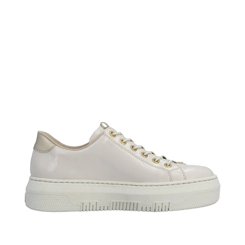 Rieker M1953-80 women's off-white patent trainers with side zipper, rounded toe, cream laces, and chunky sole.