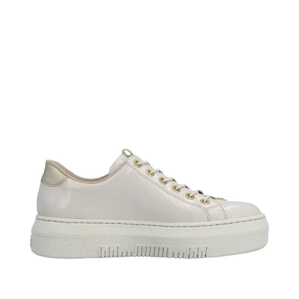 Rieker M1953-80 women's off-white patent trainers with side zipper, rounded toe, cream laces, and chunky sole.