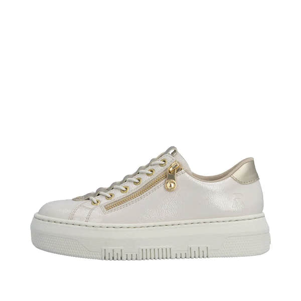 Rieker M1953-80 ladies off-white patent trainers with side zipper, lace-up design, and metallic gold accents.