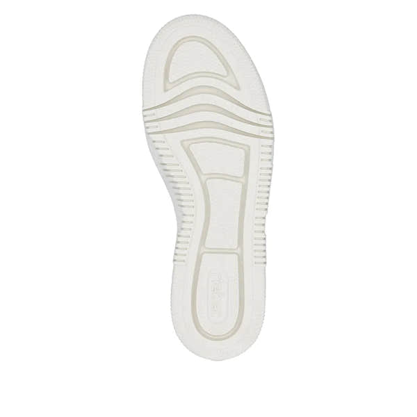 Rieker M1953-80 women's off-white patent trainers with side zip, rubber sole, and textured details.