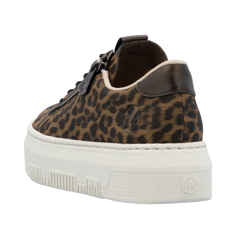 Rieker M1953-90 women's animal print zip and lace-up platform sneakers with white sole, leopard pattern, and ankle tab.