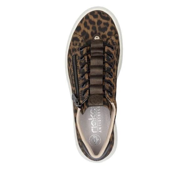 Rieker M1953-90 women's animal print zip and lace slip-on shoes with white sole and brown details.