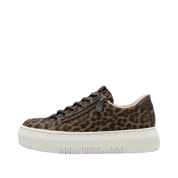 Rieker M1953-90 women's animal print lace-up sneakers with side zipper, beige lining, and chunky white sole.