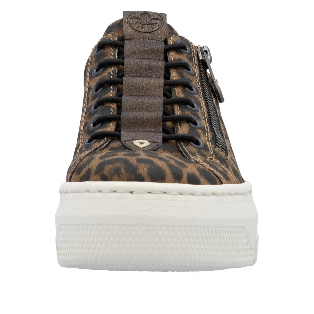 Rieker M1953-90 women's animal print zip and lace-up casual sneakers with a thick white sole.