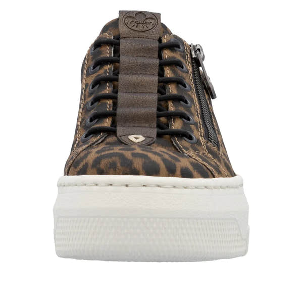 Rieker M1953-90 women's animal print zip and lace-up casual sneakers with a thick white sole.