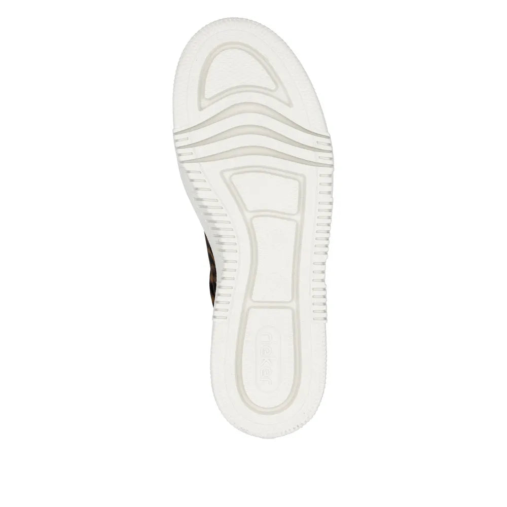 Rieker M1953-90 women's animal print zip and lace-up shoes with white sole and textured design.