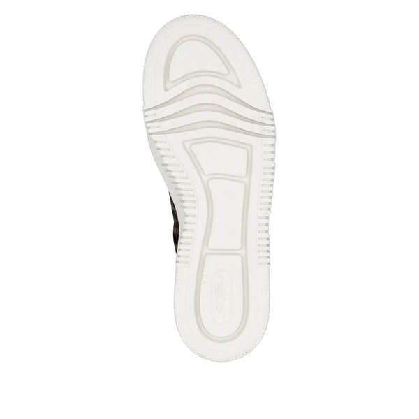 Rieker M1953-90 women's animal print zip and lace-up shoes with white sole and textured design.