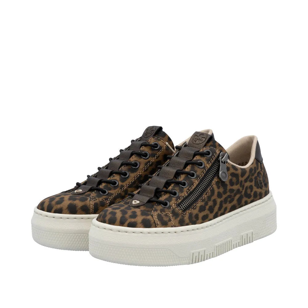 Rieker M1953-90 women's animal print zip and lace-up sneakers with thick white sole and stylish leopard pattern.