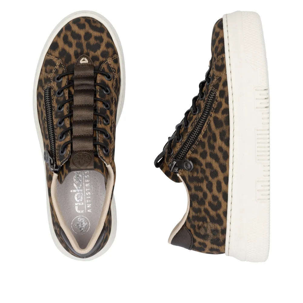 Rieker M1953-90 womens animal print lace-up sneakers with zip detail, leopard pattern, white sole, and cushioned interior.