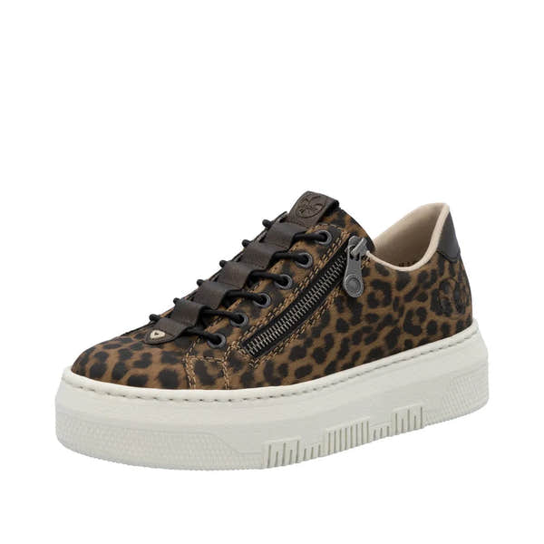 Rieker M1953-90 women's leopard print sneakers with zip and lace-up closure, cushioned interior, and chunky white sole.