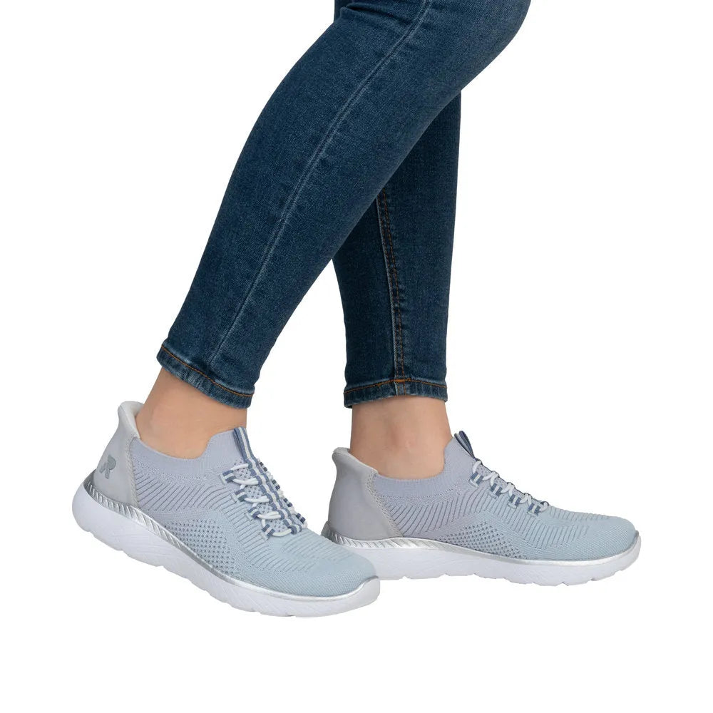 Rieker M5066-30 Women's Wide Aqua Textured Elasticated Trainers with lightweight sole and sporty design.