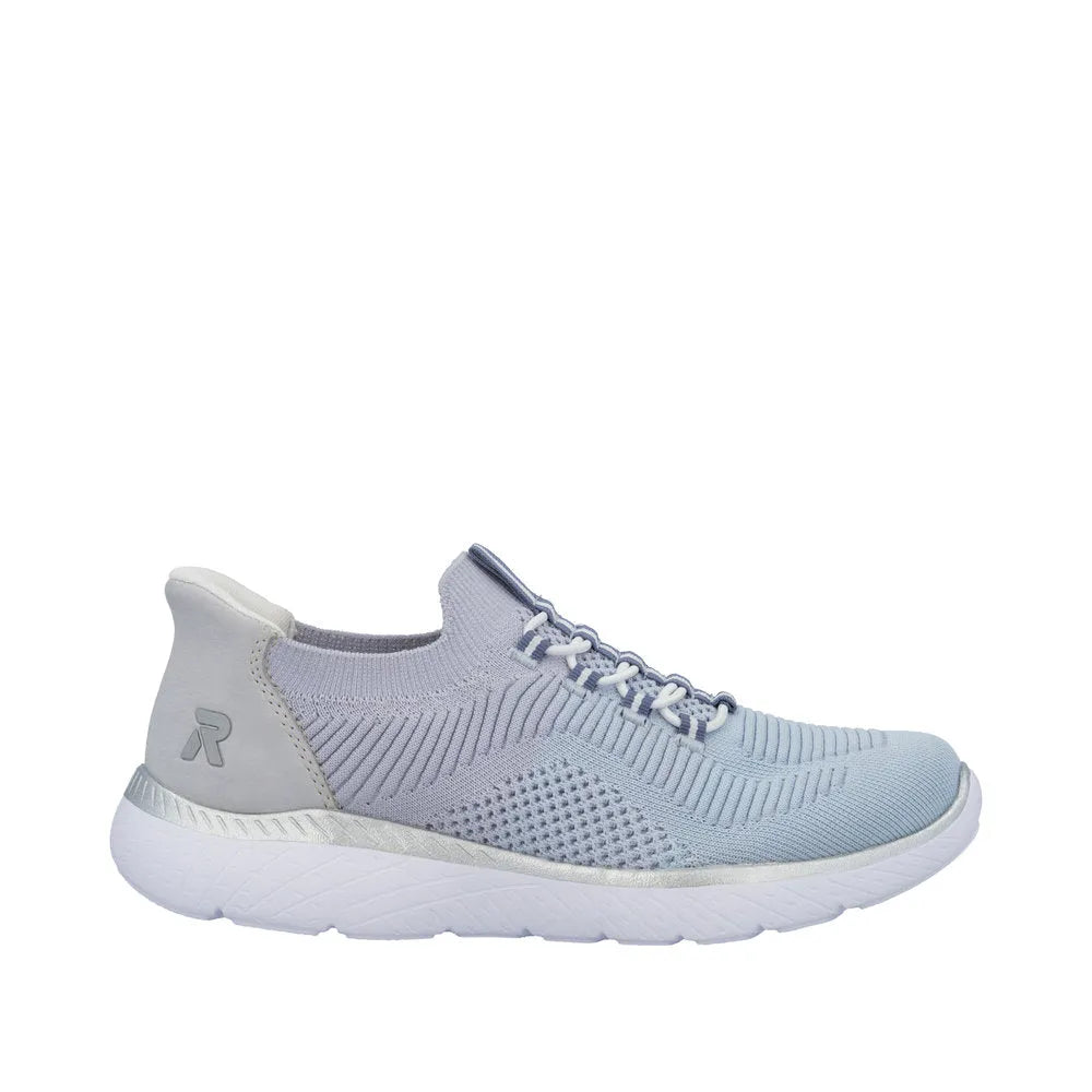 Rieker M5066-30 ladies wide aqua textile elasticated trainers with breathable knit upper and white sole.