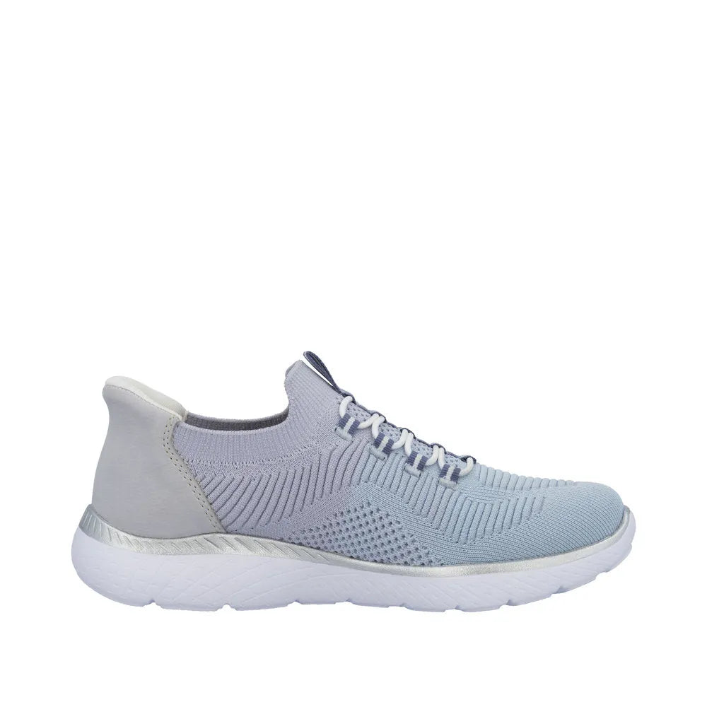 Rieker M5066-30 women's wide aqua textile elasticated trainers, sporty slip-on design, breathable knit upper, cushioned white sole.