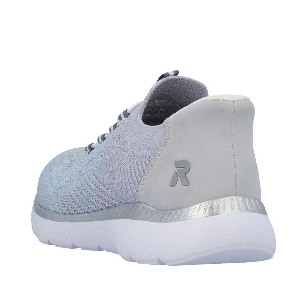 Rieker M5066-30 ladies wide aqua textile elasticated trainers with supportive sole and stylish design.