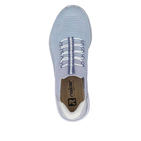 Rieker M5066-30 women's wide aqua textile elasticated trainers with laces, cushioned insole, and breathable design.
