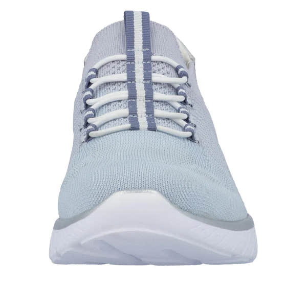 Rieker M5066-30 ladies wide aqua textile elasticated trainers, lightweight and breathable athletic footwear with white laces.