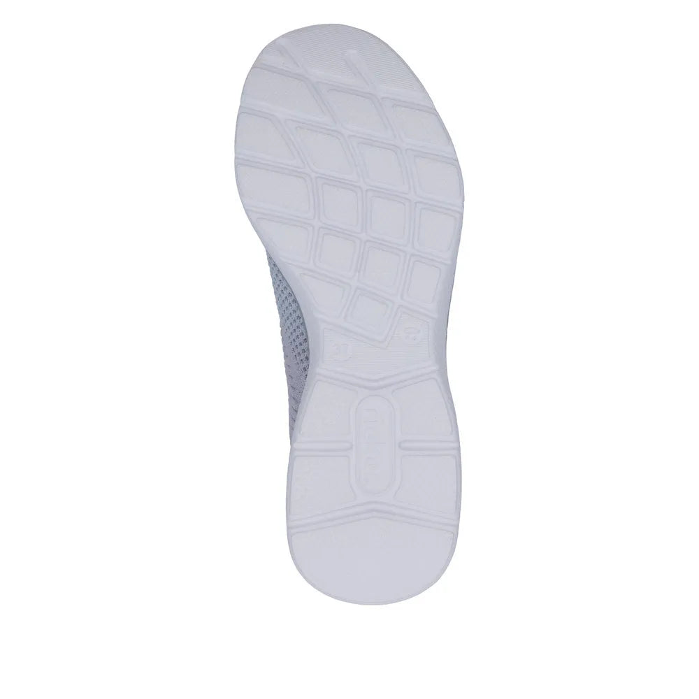 Rieker M5066-30 ladies wide aqua textile elasticated trainers, underfoot sole view, lightweight sports footwear.