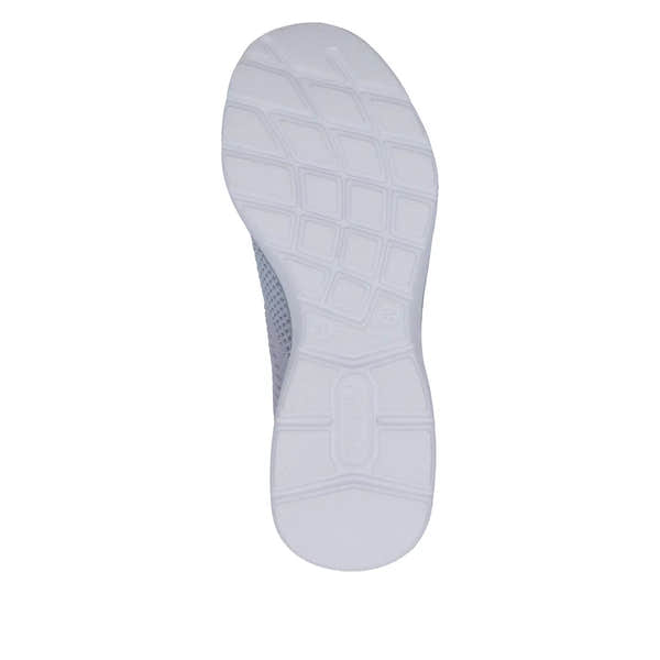Rieker M5066-30 ladies wide aqua textile elasticated trainers, underfoot sole view, lightweight sports footwear.