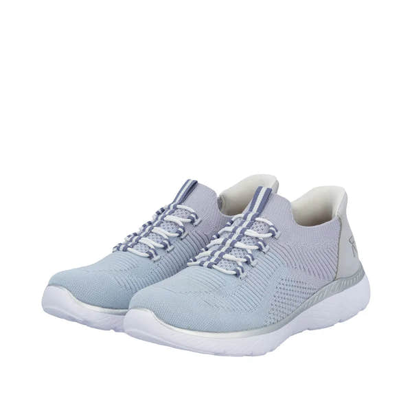Rieker M5066-30 women's wide aqua textile elasticated trainers with cushioned soles and breathable design.