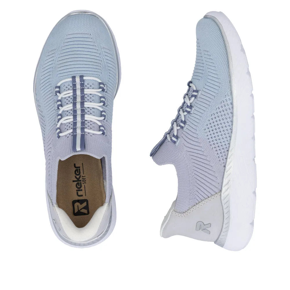 Rieker M5066-30 ladies wide aqua textile elasticated trainers, breathable sneakers with cushioned insoles and white outsole.