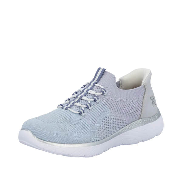 Rieker M5066-30 women's wide aqua textile elasticated trainers with breathable knit upper and white cushioned sole.