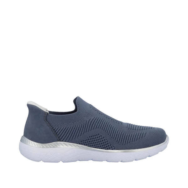 Rieker M5072-10 ladies' wide-fit textile slip-on trainers in navy with white sole and breathable knit design.