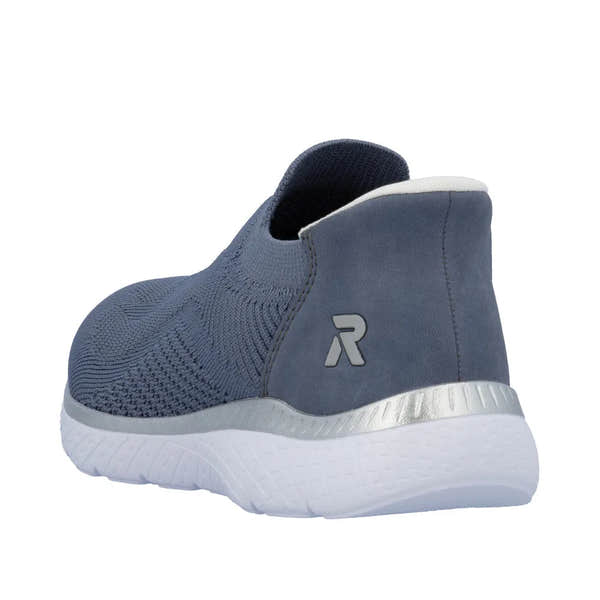 Rieker M5072-10 ladies' wide-fit slip-on trainers with textile upper, grey color, cushioned sole, and stylish slip-on design.