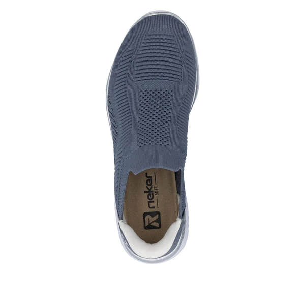 Rieker M5072-10 ladies wide-fit textile slip-on trainers in navy with breathable knit upper and cushioned insole.