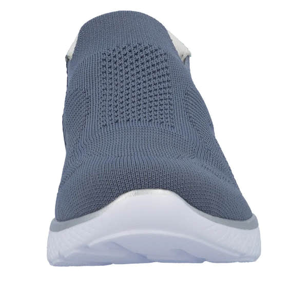 Rieker M5072-10 Ladies Wide Jeans Textile Slip-On Trainers, grey knitted upper, white outsole.