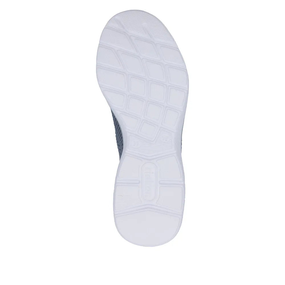 Rieker M5072-10 women's wide-fit textile slip-on trainers with a white textured sole and casual sneaker design.