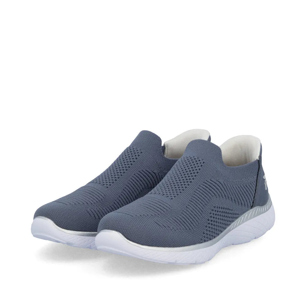 Rieker M5072-10 women's wide-fit textile slip-on trainers in navy with white soles and breathable knitted uppers.