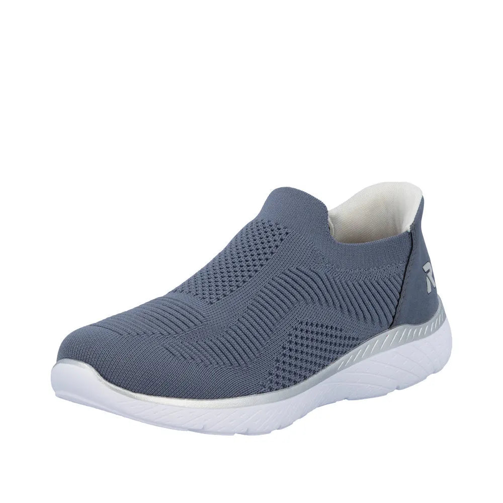 Rieker M5072-10 women's wide-fit slip-on trainers, textile mesh design, cushioned sole, grey and white color.