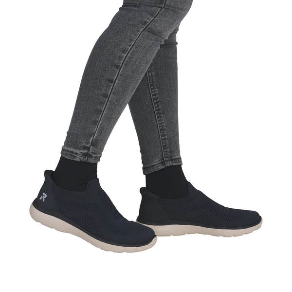 Rieker M5072-14 Ready2Go Ladies Blue Textile Slip-On Trainers with cushioned sole and sporty design.