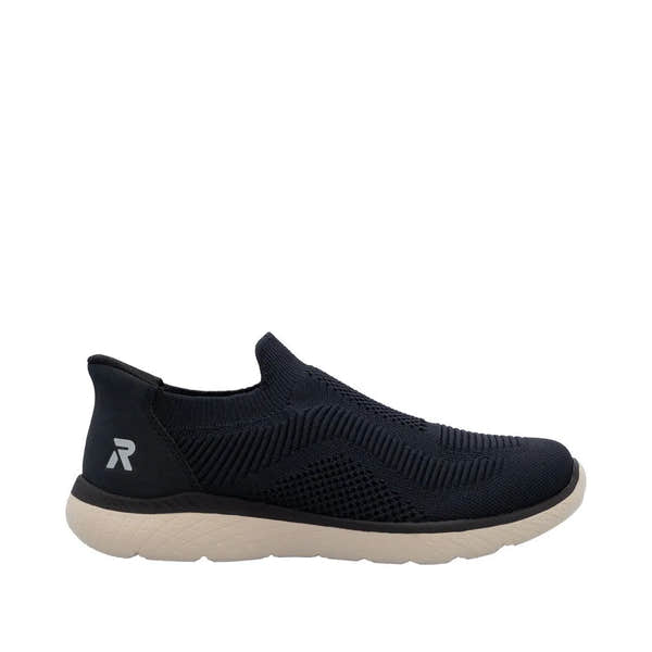 Rieker M5072-14 Ready2Go women's blue textile slip-on trainers with breathable knit upper and cushioned sole.