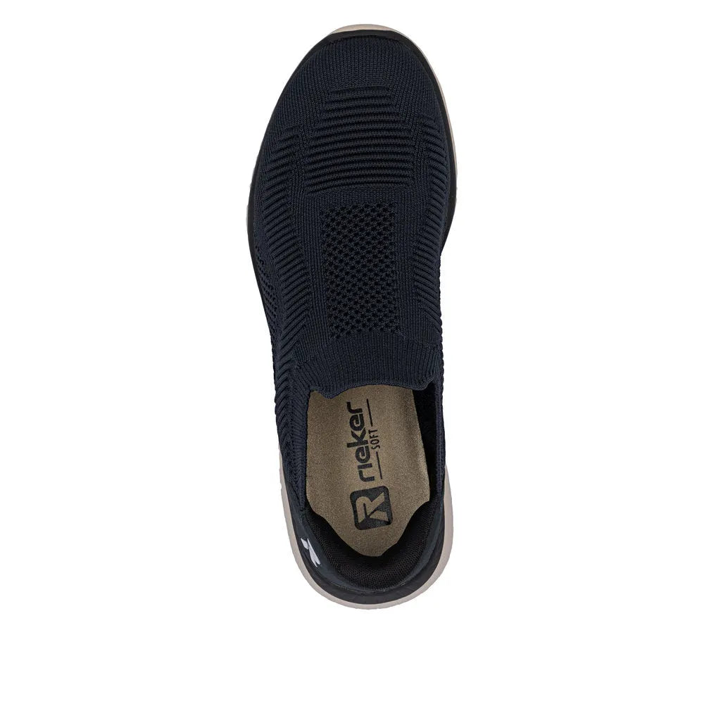 Rieker M5072-14 Ready2Go women's blue slip-on trainers with breathable textile upper and cushioned insole.