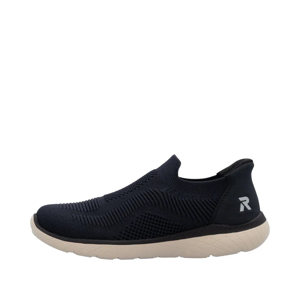 Rieker M5072-14 Ladies Blue Textile Slip-On Trainers, breathable sneaker with cushioned sole and R logo detail.