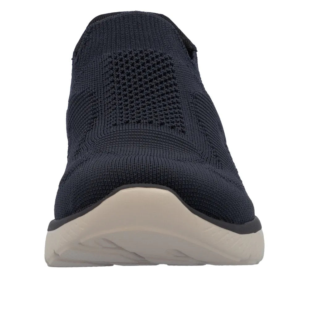Rieker M5072-14 Ready2Go women's blue textile slip-on trainers with cushioned sole, ideal for casual wear and comfort.