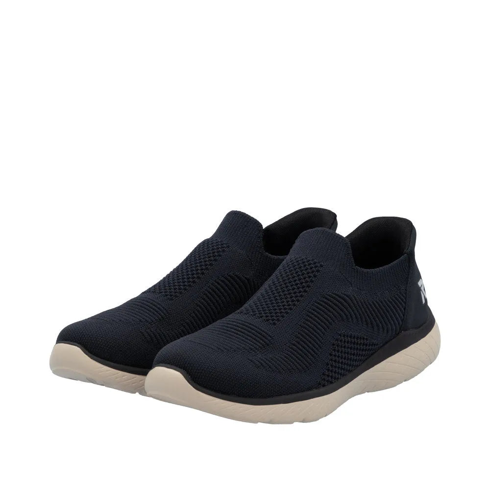 Rieker M5072-14 Ready2Go Ladies Blue Textile Slip-On Trainers with breathable knit upper and cushioned sole.