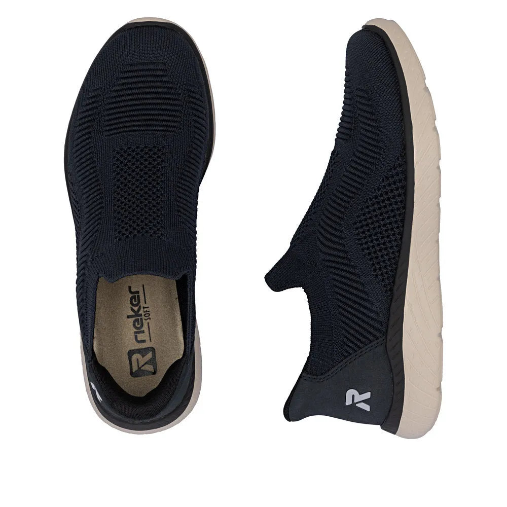 Rieker M5072-14 Ladies Blue Textile Slip-On Trainers, breathable athletic shoes with cushioned sole and slip-on design.
