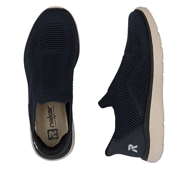 Rieker M5072-14 Ladies Blue Textile Slip-On Trainers, breathable athletic shoes with cushioned sole and slip-on design.