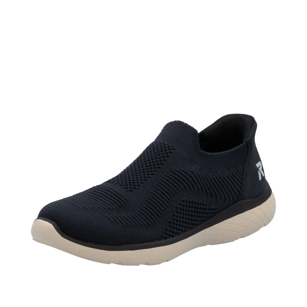 Rieker M5072-14 Ready2Go women's blue textile slip-on trainers with cushioned sole and breathable knit upper.
