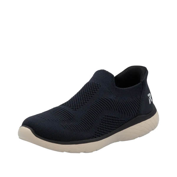 Rieker M5072-14 Ready2Go women's blue textile slip-on trainers with cushioned sole and breathable knit upper.