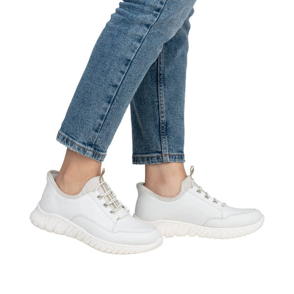 Rieker M5357-80 Ladies Wide Fit Beige & White Leather Elasticated Trainers, casual athletic footwear with cushioned soles.