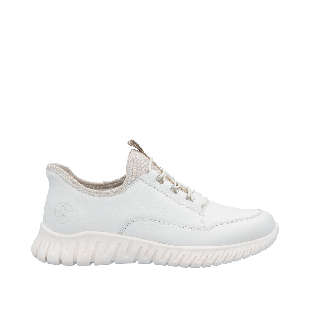 Rieker M5357-80 ladies wide fit beige and white leather elasticated trainers with chunky sole and padded collar.