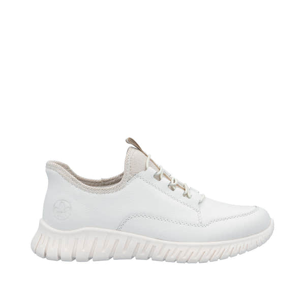 Rieker M5357-80 ladies wide fit beige and white leather elasticated trainers with chunky sole and padded collar.