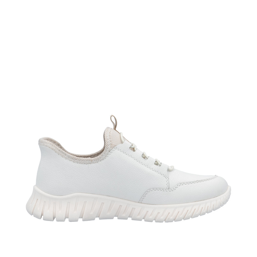 Rieker M5357-80 women's wide-fit beige and white leather elasticated trainers with chunky sole.